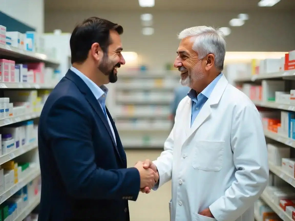A pharmacist and a business partner shake hands in a pharmacy aisle